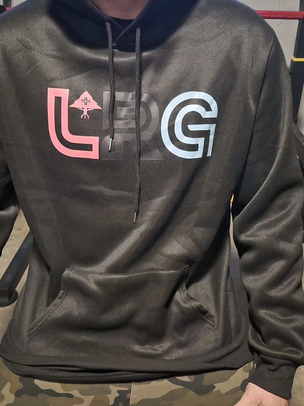 LRG Black Hoodie with Pink & Light Blue Logo